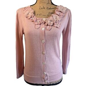 Laurie b. Pink Floral Applique Cotton/Cashmere Blend Long Sleeve Cardigan Sz S